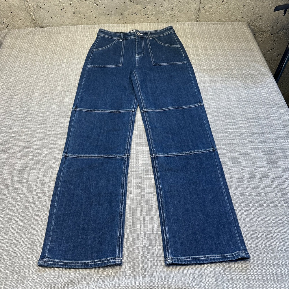 Wide Leg Patch Pocket Jeans Small 29 Contrast Stitch 70s Revival Y2K High Rise